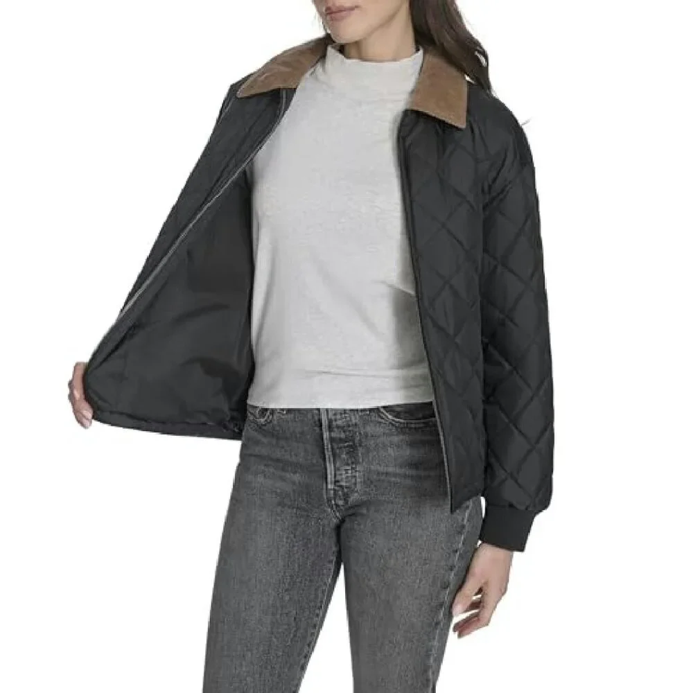 Quilted Diamond Jacket Corduroy Collar Rib Cuffs Zip Front